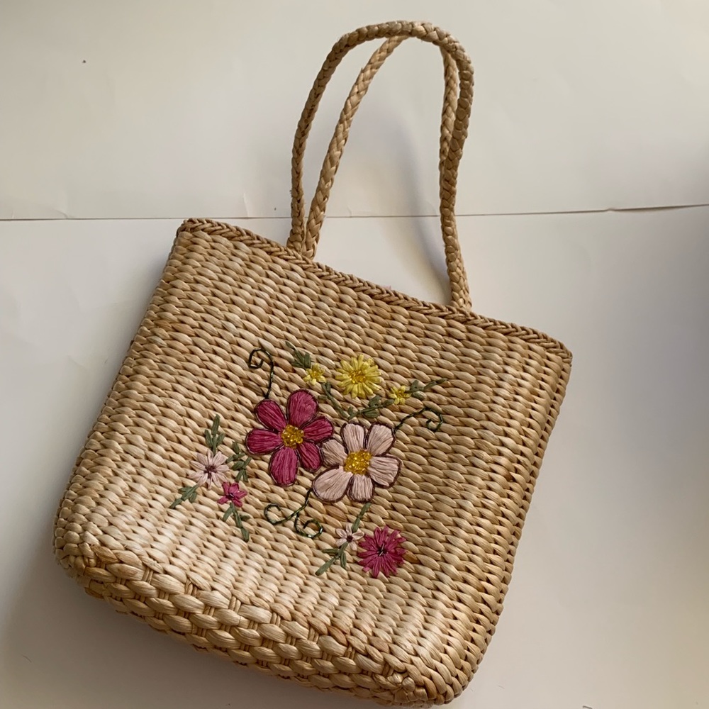 Floral Straw Beach Tote